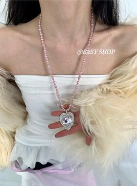 韩系千禧百搭猫咪珐琅紫色珍珠项炼女轻奢小众长款毛衣炼项炼颈饰