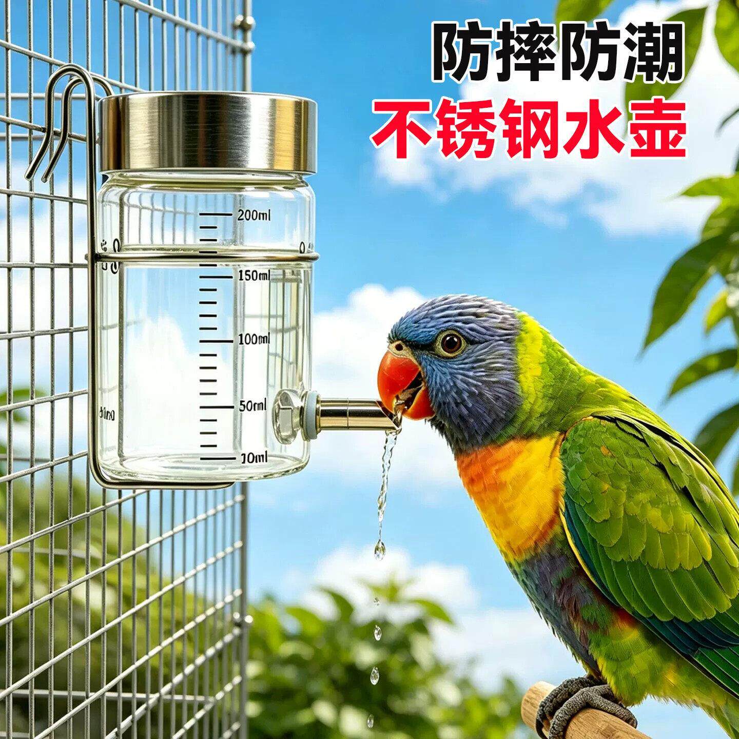鹦鹉自动饮水器不锈钢撞针水壶磁吸款牡丹玄凤小太阳喝水喂水神器