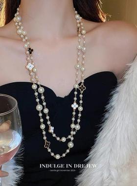 冬天配毛衣的项链气质轻奢法式珍珠项链气质高级感双层毛衣链小众