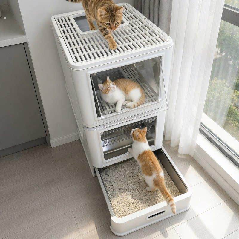 哆觅该双层猫砂盆不锈钢猫砂盆防外溅防带砂防臭全封闭猫砂盆