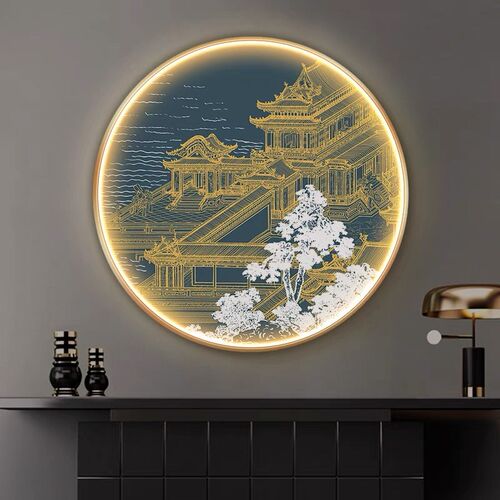 中国风古建筑圆形画玄关酒店餐厅背景墙壁画茶室挂画