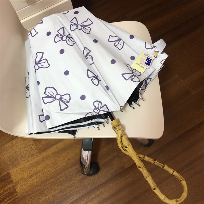 日系女神黑胶折叠雨伞蝴蝶结竹柄双人白色公主伞晴雨两用