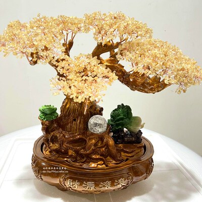 黄水晶发财树聚宝盆流水通电球电视柜客厅玄关招财金蟾