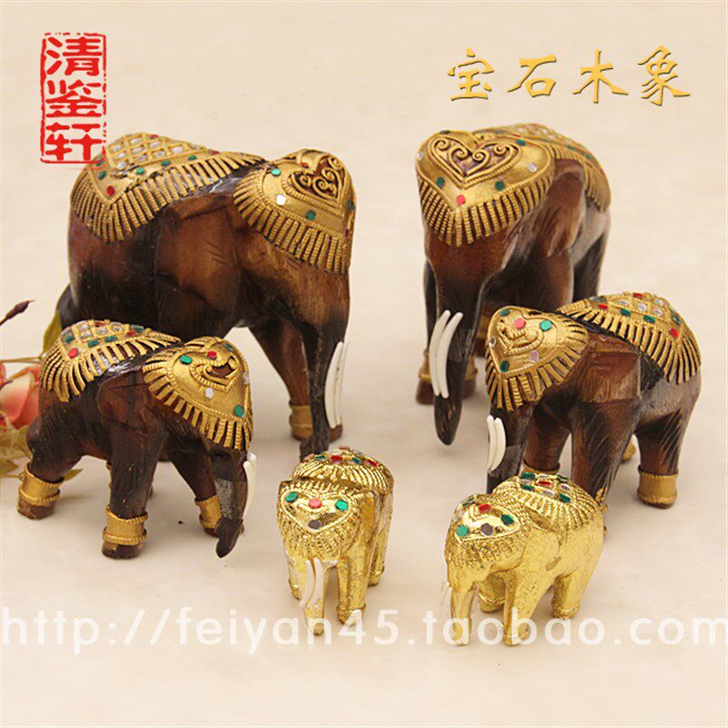 泰国特色手工艺马象四面用品象宝石木象金色