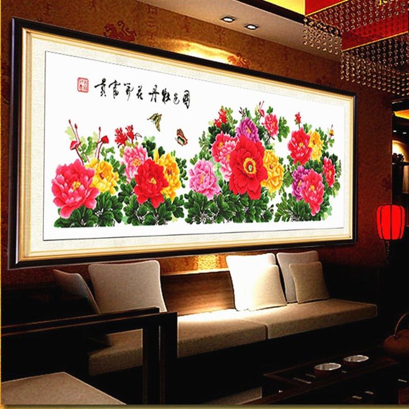 九尺牡丹十字绣成品花开富贵国色牡丹客厅绣好中式装饰画,居家布艺,十字绣成品,淘宝优惠券,粉丝福利购,淘宝优惠卷