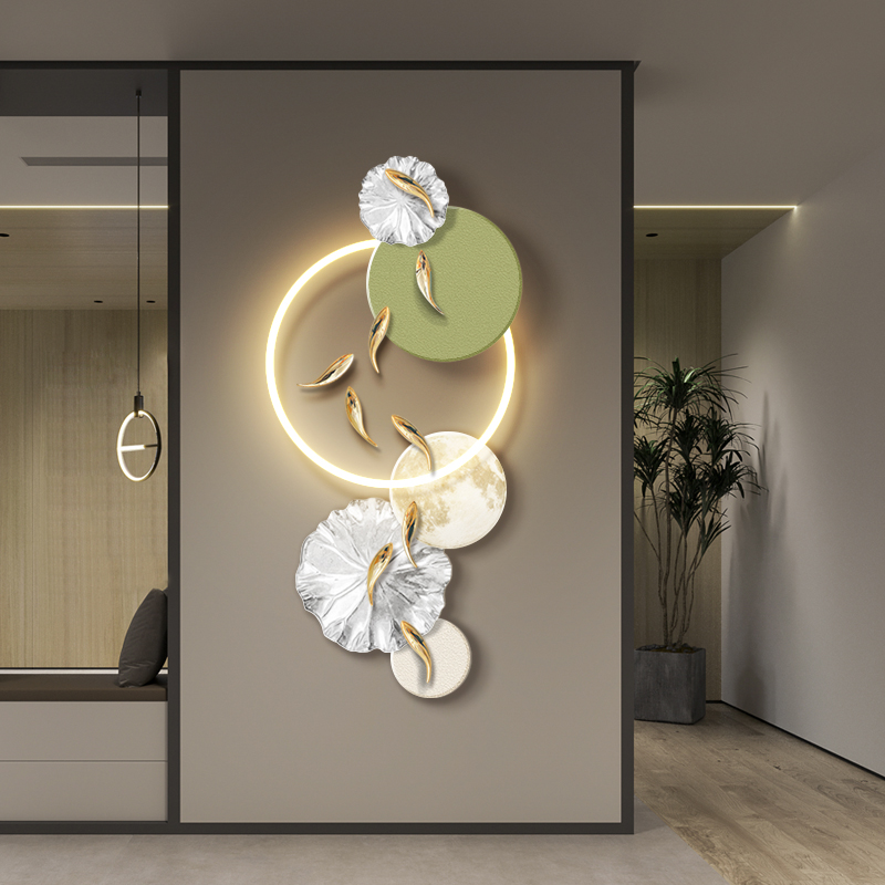 立体九鱼图入户玄关装饰画轻奢过道走廊尽头led壁灯画奶油风挂画