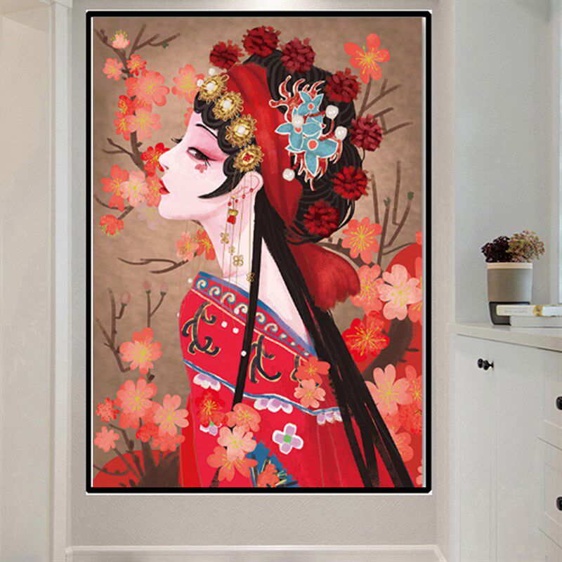古风花旦十字绣戏曲人物钻石画满钻京剧脸谱红衣美女