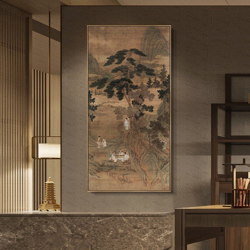 香九老图古画中古风玄关复古画茶室背景墙竖版挂画框