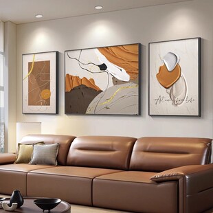 抽象客厅沙发背景墙装 饰画肌理油画三联挂画橙色壁画简约现代