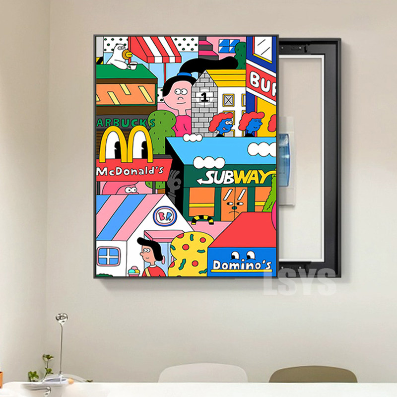 韩国插画电表箱画咖啡店 风竖版总闸电箱遮挡挂画