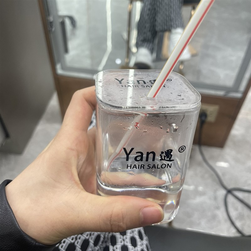 沙龙美发杯四方形盖可插吸管耐热玻璃杯定做店名