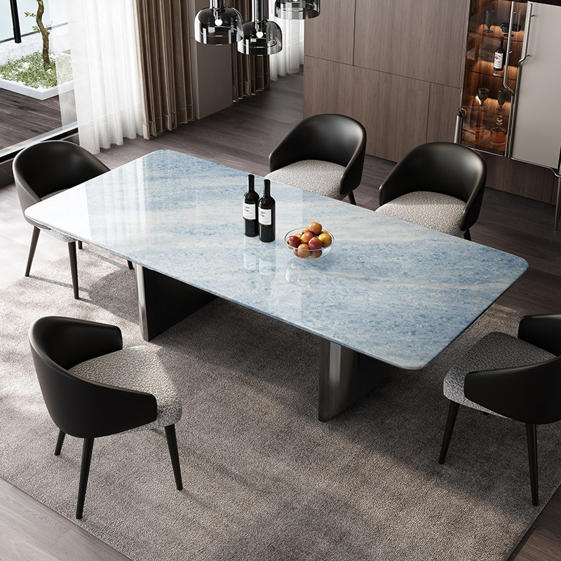 天然蓝水晶奢石餐桌高端家用设计师款别墅长方形大理石
