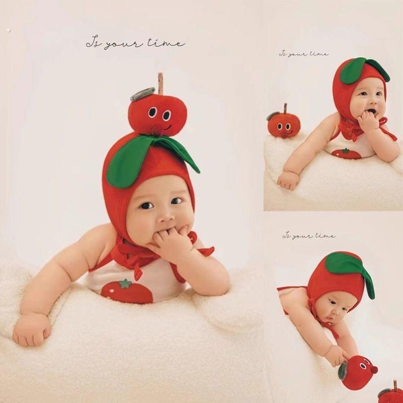 百天照摄影道具衣服番茄主题西红柿百日照半岁百岁婴儿宝贝服装