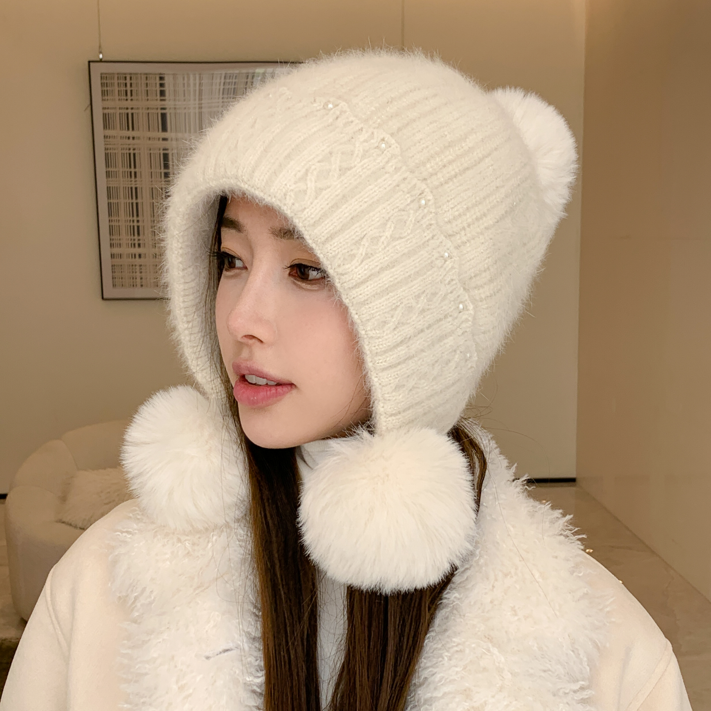 珍珠加厚护耳毛球针织帽大头适合女冬季户外防风加绒保暖兔毛帽子