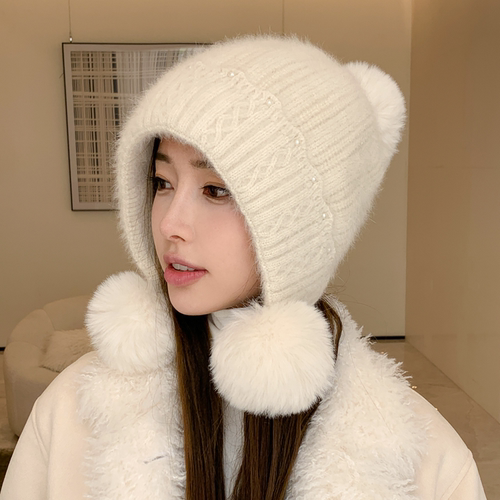 珍珠加厚护耳毛球针织帽大头适合女冬季户外防风加绒保暖兔毛帽子