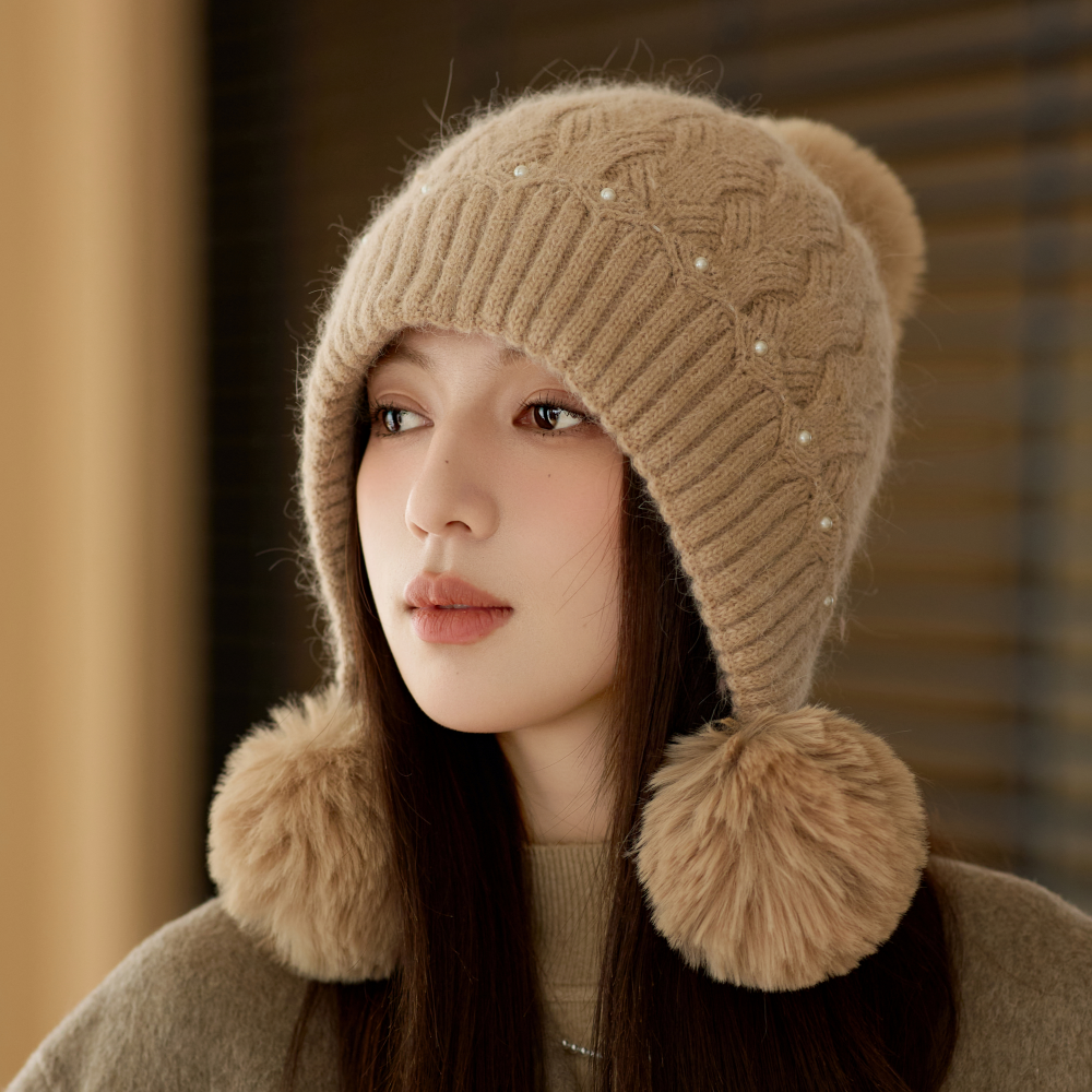 加绒加厚针织毛线帽女士冬季户外防寒毛球护耳兔毛帽百搭保暖帽子
