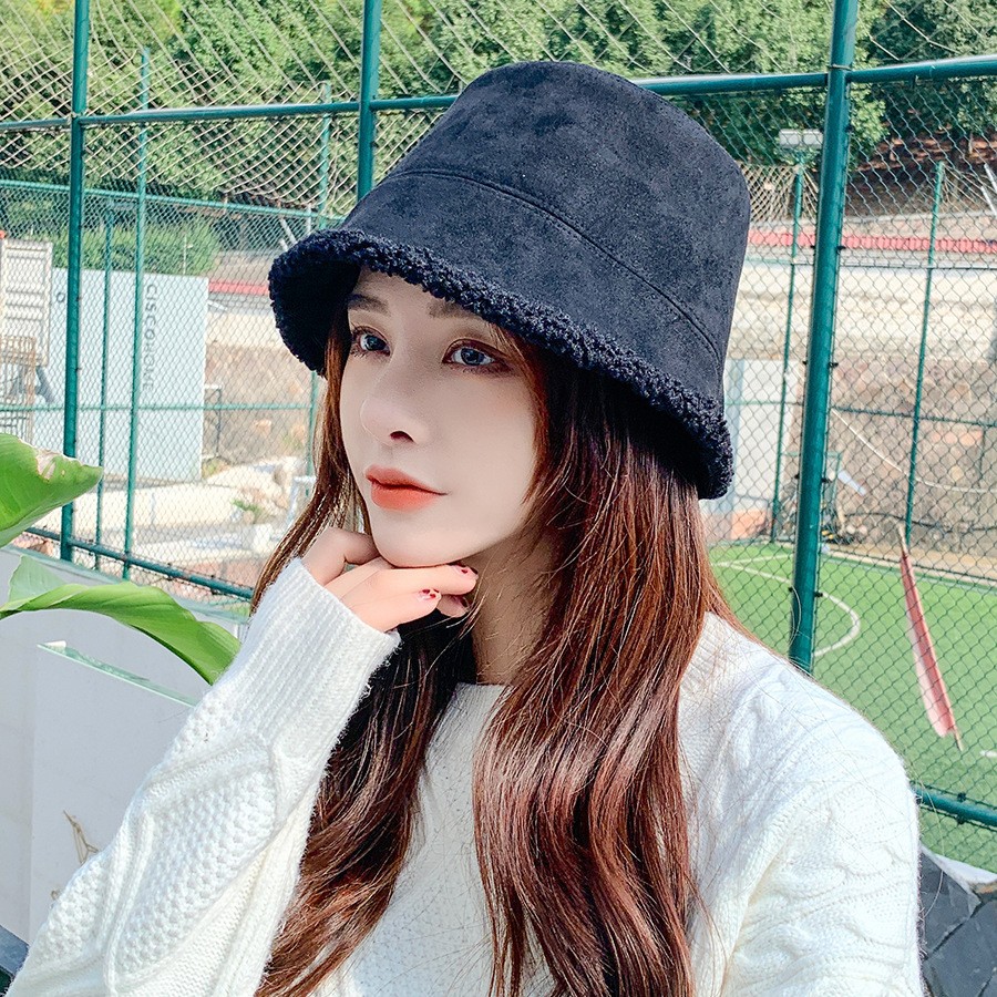 秋冬麂皮绒双面羊羔毛渔夫帽女显脸小百搭保暖盆帽前长后短水桶帽