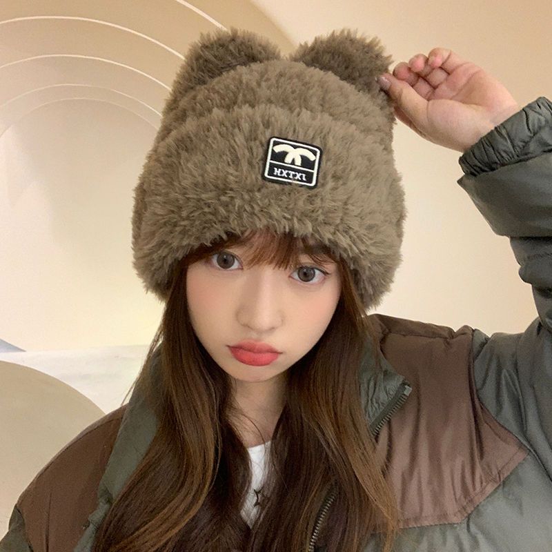 甜美可爱小熊毛绒针织帽子秋冬季护耳保暖防寒显脸小百搭毛线帽潮