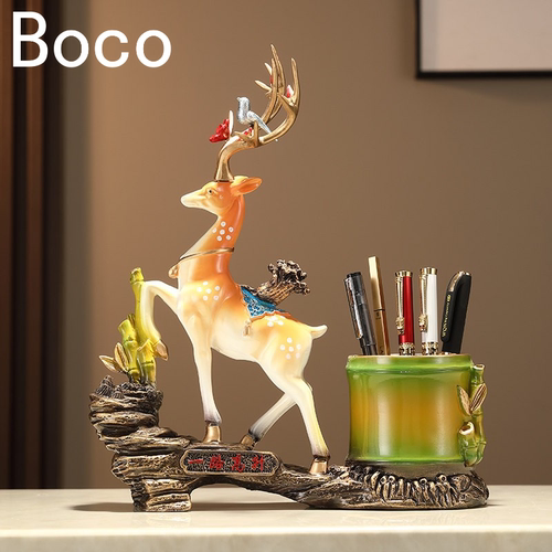 BOCO新中式树脂招财鹿笔筒摆件