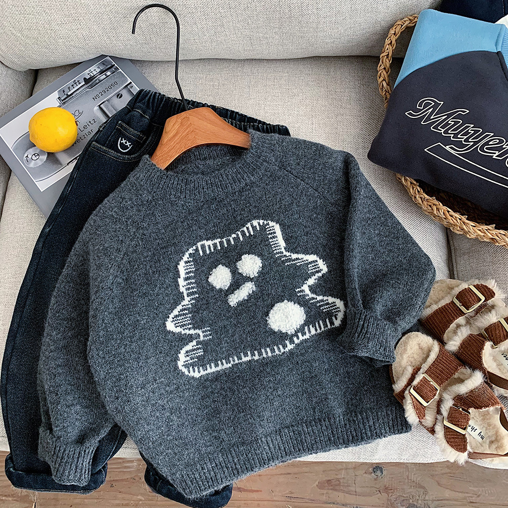 儿童冬季男孩韩版卡通猫咪针织衫女宝毛线宽松百搭圆领毛衣上衣潮