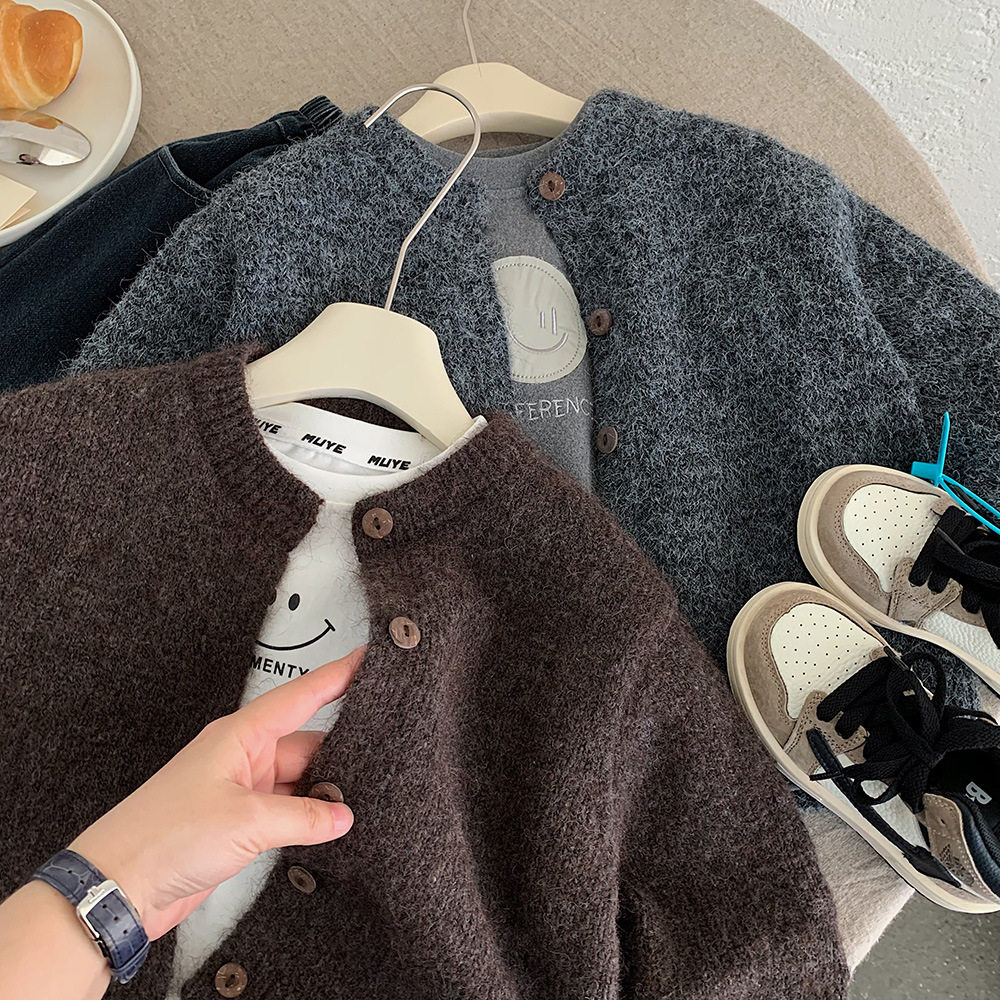 儿童毛衣开衫复古咖色秋冬季男孩韩版宽松简约外套外搭女孩上衣潮