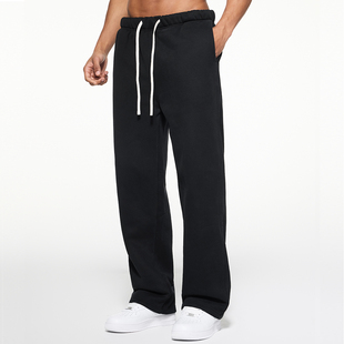 健身男裤 美式 子纯色黑色直筒裤 国潮垂感慵懒松弛感裤 子 宽松运动裤