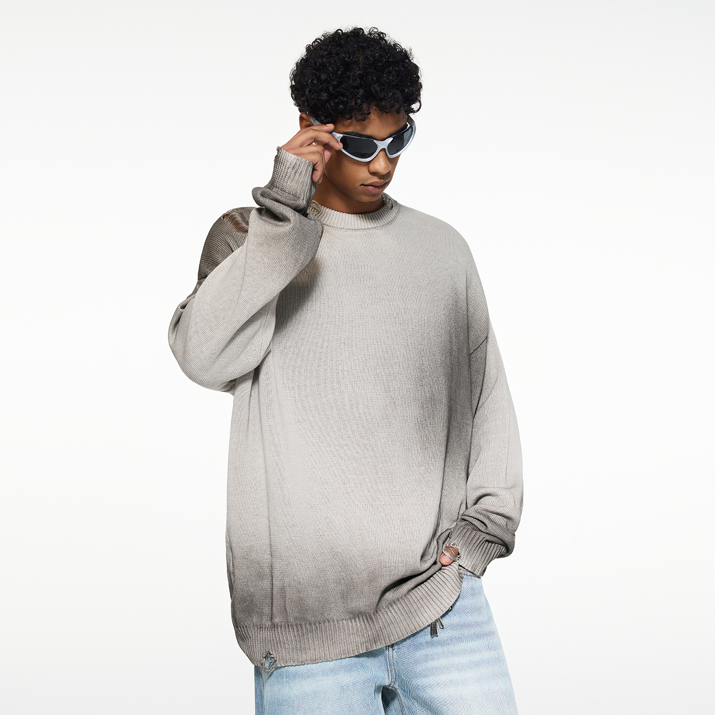 美式复古水洗破洞毛衣