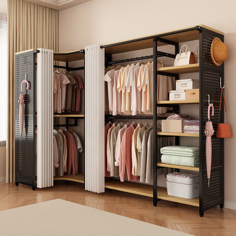 转角衣帽架家用卧室洞洞板金属挂衣架子开放式落地衣柜组合置物架