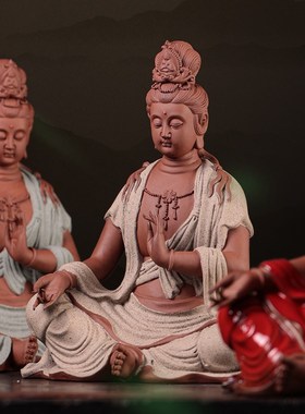 中式禅意紫砂工艺品观世音菩萨佛像摆件家用供奉博古架灯圈装饰品