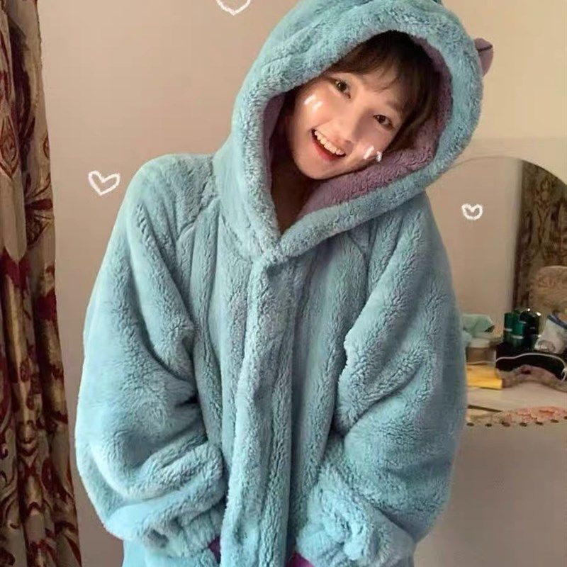 苏利文怪兽珊瑚绒睡袍女秋冬季加绒加厚家居服套装可爱卡通睡衣冬,女士内衣/男士内衣/家居服,睡袍/浴袍,淘宝优惠券,粉丝福利购,淘宝优惠卷