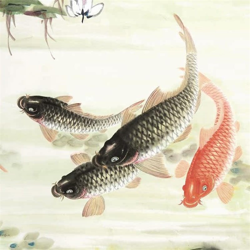 水墨国画装饰画吴青霞九鲤图酒店宾馆办公室有框装饰画客厅油画布图片