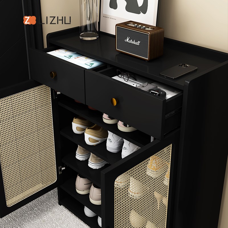 北欧藤编鞋柜日式入户大容量储物家用门口收纳柜黑色轻奢侘寂定制
