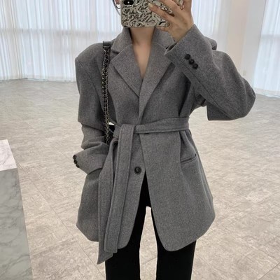 小个子灰色呢子大衣女短款2024秋冬收腰加厚西装毛呢外套高级感潮