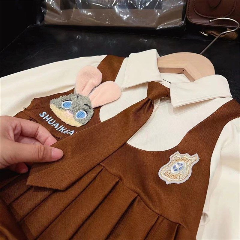 女童学院风JK制服百褶裙2024秋款新款儿童小兔子假两件公主连衣裙