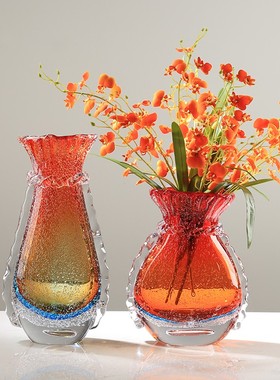 轻奢红色琉璃气泡花瓶水培摆件简约客厅餐桌样板房花器插花装饰品