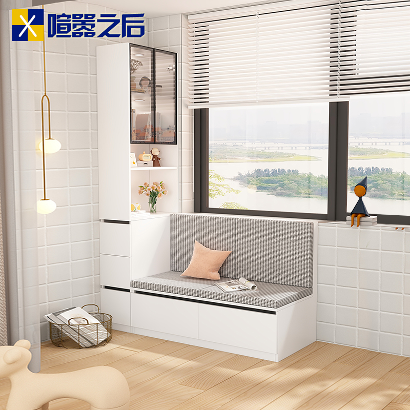 奶油风卡座飘窗柜储物柜一体阳台客厅靠墙玻璃门地台收纳柜8Y16