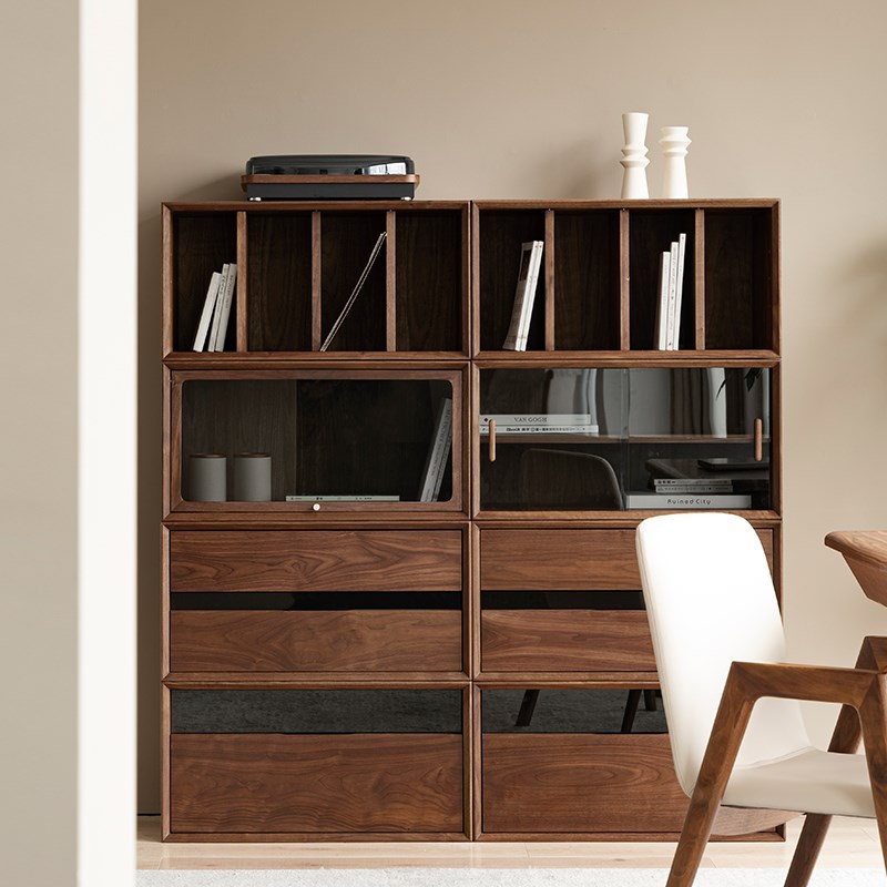 黑胡桃木自由组合柜实木多功能电视柜矮书柜飘窗模块客厅展示柜