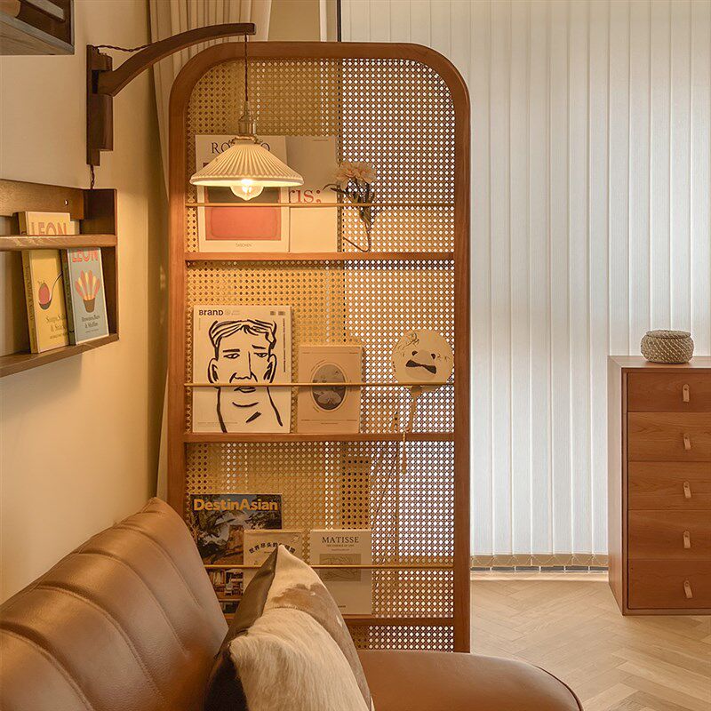 中式复古实木藤编屏风移动软隔断杂志书架入户玄关遮挡正对门置物