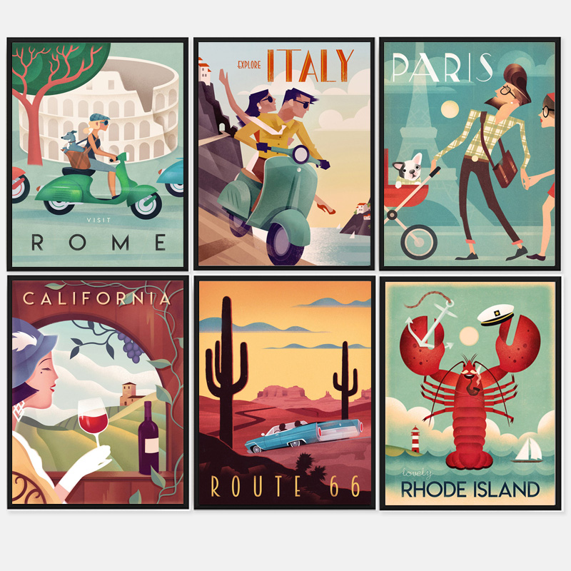 装饰有框画挂画墙壁复古怀旧插画清新旅行海边冲浪风景现代简约