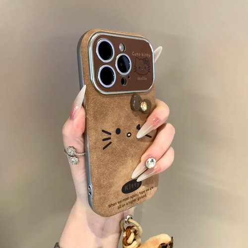 复古翻毛皮大视窗棕表情KT猫适用于17苹果17Air/16Plus手机壳iPhone15Promax/14Pro/13美拉德ip12pm/11保护套