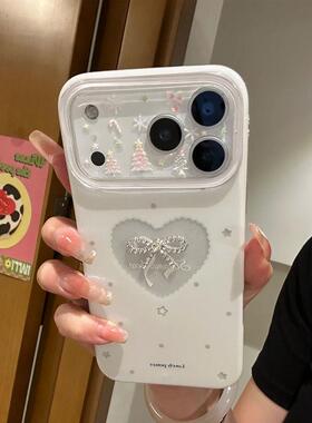 镂空爱心蝴蝶结闪粉适用于iPhone17/16promax透明苹果手机壳ip15pro/14/13大孔iPhone12promax挂绳11保护套