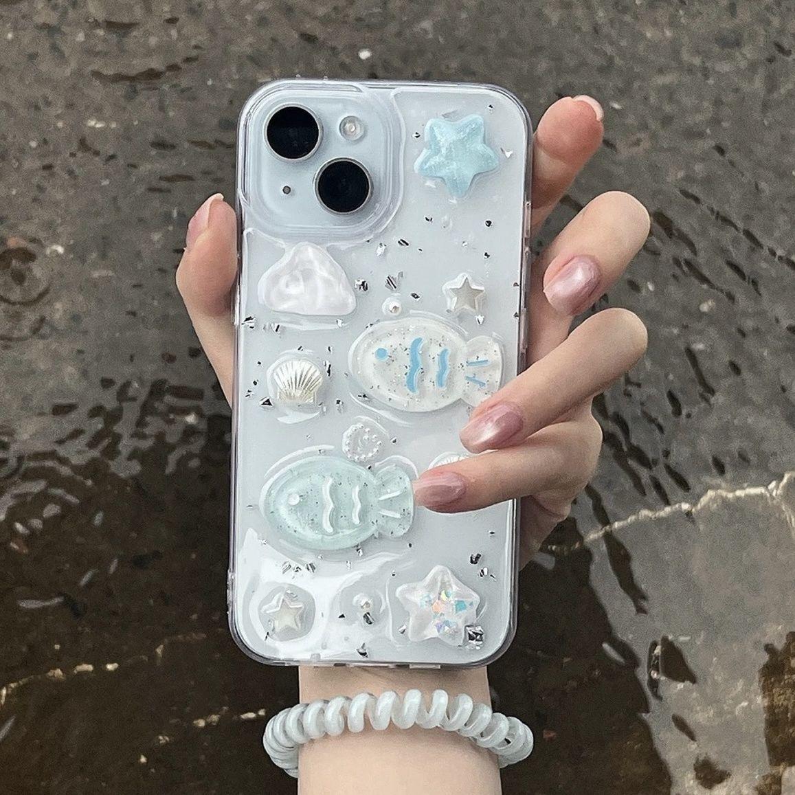 立体贝壳小鱼适用于17苹果16promax手机壳iPhone17Air可爱苹果15PRO滴胶ip14promax小清新iPhone13/12/11套