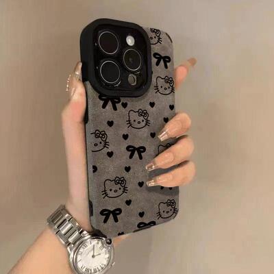 线条蝴蝶结kitty适用于iPhone17/16/15promax苹果14翻毛皮手机壳P70华为Mate60pro新款vivo小米15oppo红米K70