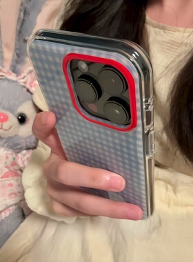 蓝色格纹红框适用iPhone17promax白色大孔IMD苹果16/15/14手机壳华为mate70vivo小米1514红米k70oppo硬背软边