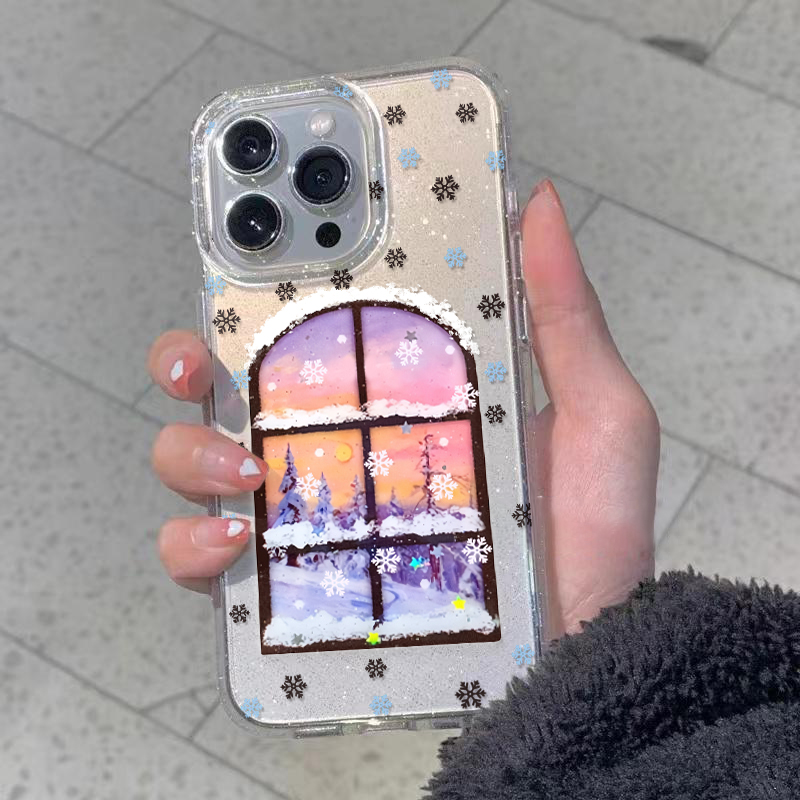 雪山夕阳落日适用于iPhone17/16promax透明闪粉苹果手机壳ip15pro/14/13大孔iPhone12promax软11防摔保护套