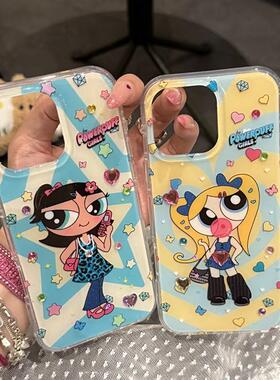 吐泡泡小女警闪钻适用iPhone17promax白色大孔IMD苹果16/15手机壳华为mate70vivo小米15红米k70oppo硬背软边