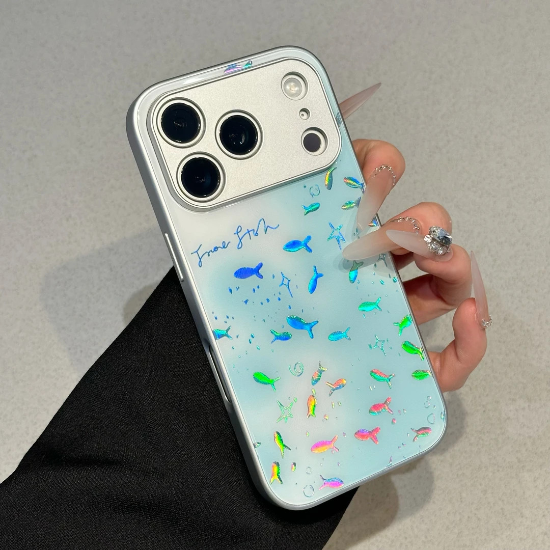 ins蓝深海鱼群适用于17iPhone17promax/16plus/15pro手机壳苹果13玻璃壳17AIR新款12PROMAX/11保护套15promax