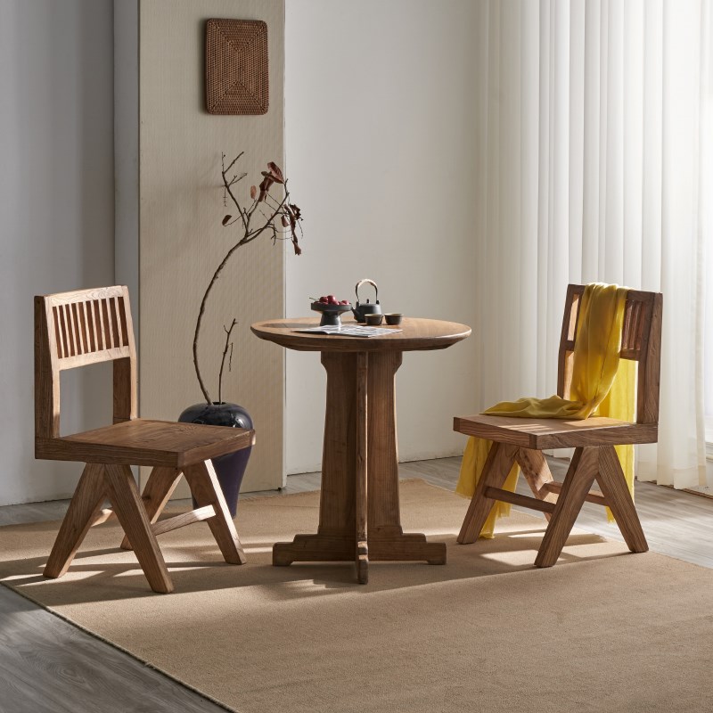 侘寂风老榆木户外休闲餐桌圆形实木茶几阳台庭院民宿咖啡厅桌子