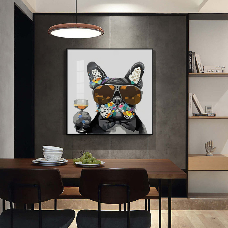 现代简约餐厅装饰画饭厅墙面挂画潮牌轻奢创意卧室玄关酒杯狗壁画图片