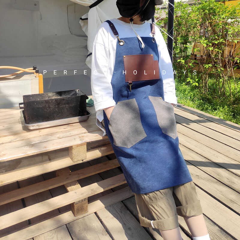 咖啡师围裙男士耐磨园艺定制画画理发师帆布防水油画工作服女皮质